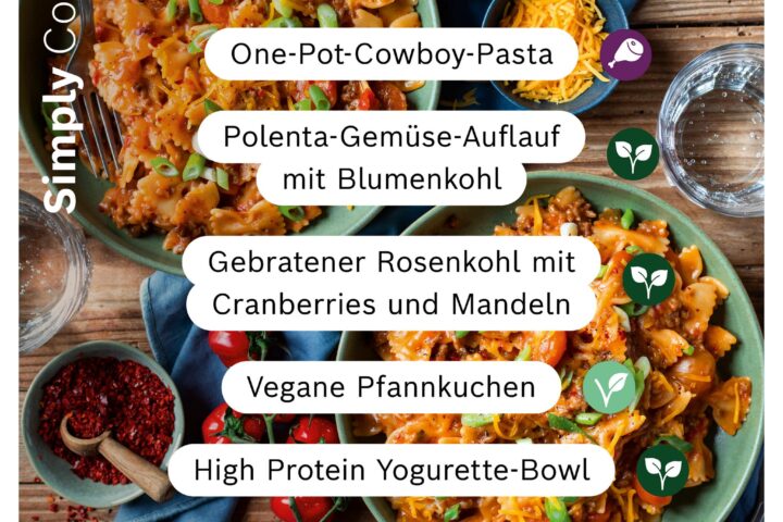 Verschiedene Cookit-Gerichte aus der Home Connect App, darunter Cowboy-Pasta, vegane Pfannkuchen und High-Protein-Bowl, mit Icons für Fleisch, vegetarisch und vegan.
