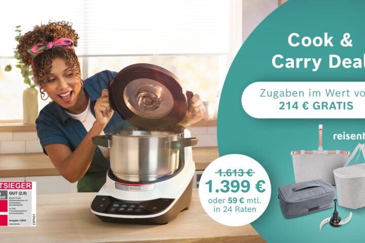 Bosch Cookit mit Zubehör als attraktives Aktions‑Bundle, modern präsentiert auf einer Küchenarbeitsfläche.