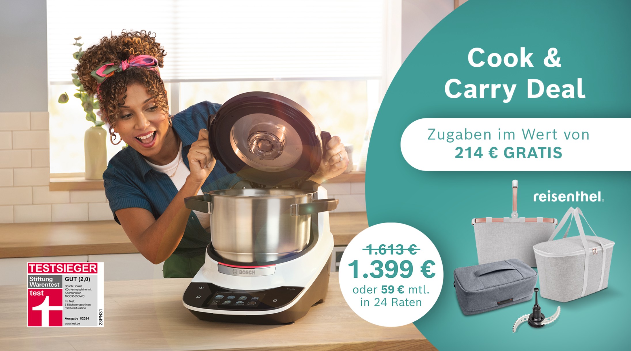 Bosch Cookit mit Zubehör als attraktives Aktions‑Bundle, modern präsentiert auf einer Küchenarbeitsfläche.