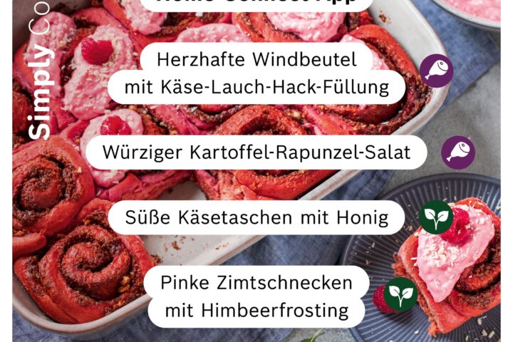 Ein liebevoll angerichteter Valentinstags‑Tisch mit verschiedenen Cookit‑Gerichten und romantischer Dekoration.
