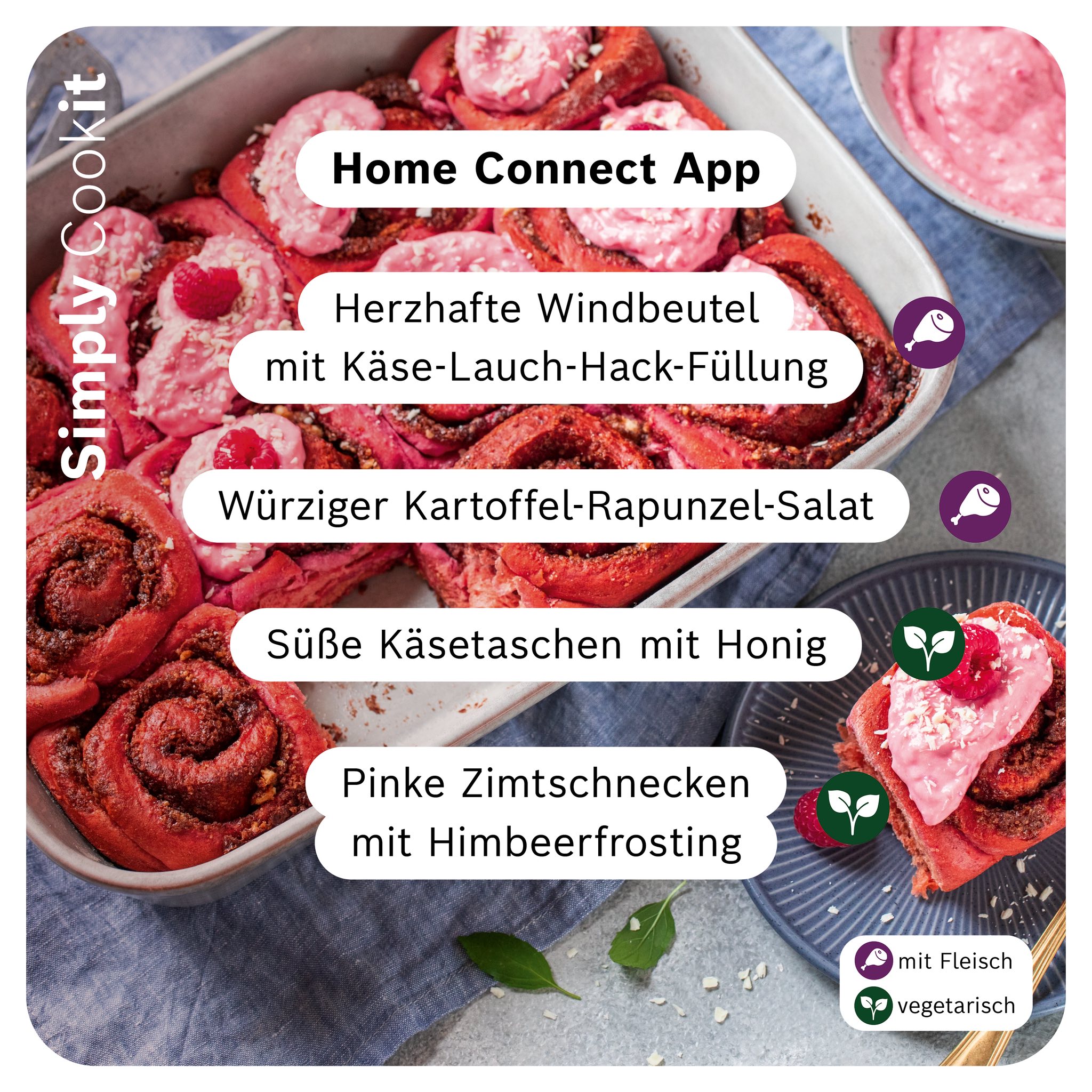 Ein liebevoll angerichteter Valentinstags‑Tisch mit verschiedenen Cookit‑Gerichten und romantischer Dekoration.