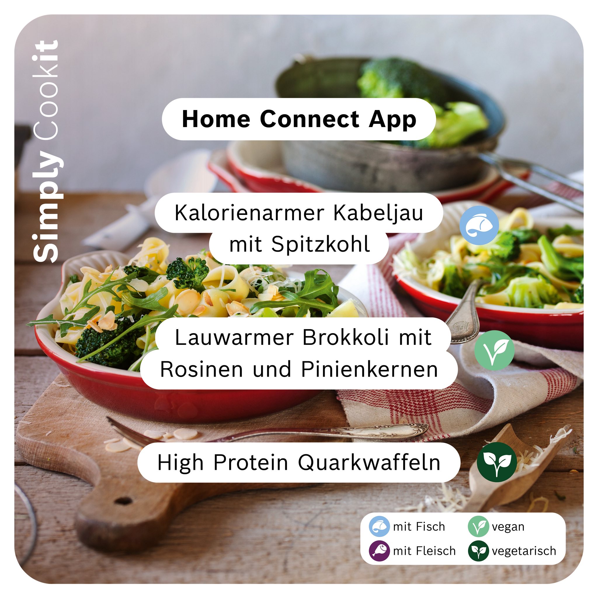 Neue Cookit Rezepte wie Butternockerl‑Suppe, Hackbällchen Mexicana, Tortellini alla panna, Kabeljau mit Spitzkohl, Brokkoli mit Rosinen und High Protein Quarkwaffeln.