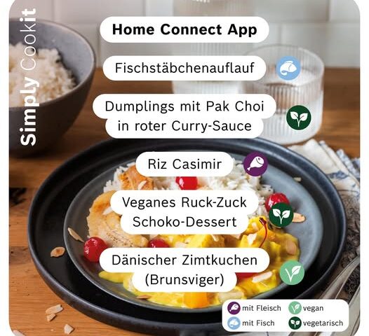 Übersicht der neuen Cookit Rezepte der Woche mit Dumplings in Curry, Fischstäbchenauflauf, Riz Casimir, veganem Schokodessert und Brunsviger
