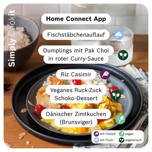 Übersicht der neuen Cookit Rezepte der Woche mit Dumplings in Curry, Fischstäbchenauflauf, Riz Casimir, veganem Schokodessert und Brunsviger
