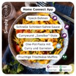 Neue Cookit Rezepte der Woche mit Speck‑Bohnen, Schinken‑Sahne‑Sauce, Currywurst Sansibar, One‑Pot‑Pasta Curry Garnelen und Frischkäse‑Muffins