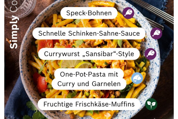 Neue Cookit Rezepte der Woche mit Speck‑Bohnen, Schinken‑Sahne‑Sauce, Currywurst Sansibar, One‑Pot‑Pasta Curry Garnelen und Frischkäse‑Muffins