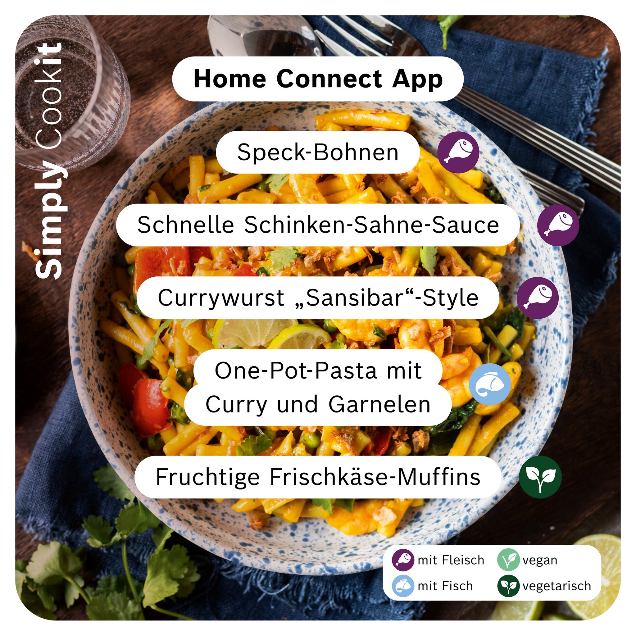 Neue Cookit Rezepte der Woche mit Speck‑Bohnen, Schinken‑Sahne‑Sauce, Currywurst Sansibar, One‑Pot‑Pasta Curry Garnelen und Frischkäse‑Muffins