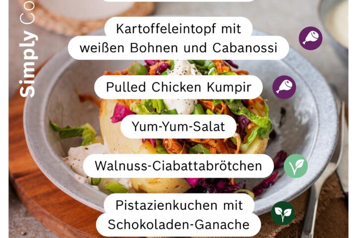 Neue Cookit Rezepte der Woche mit Kartoffeleintopf, Yum‑Yum‑Salat, Kumpir, Walnuss‑Ciabatta und Pistazienkuchen