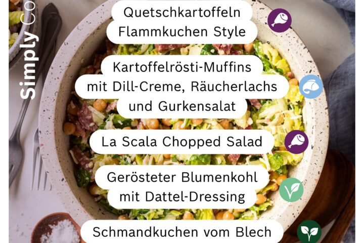 Neue Cookit Rezepte der Woche mit Rösti‑Muffins, La Scala Salad, Quetschkartoffeln, Blumenkohl und Schmandkuchen