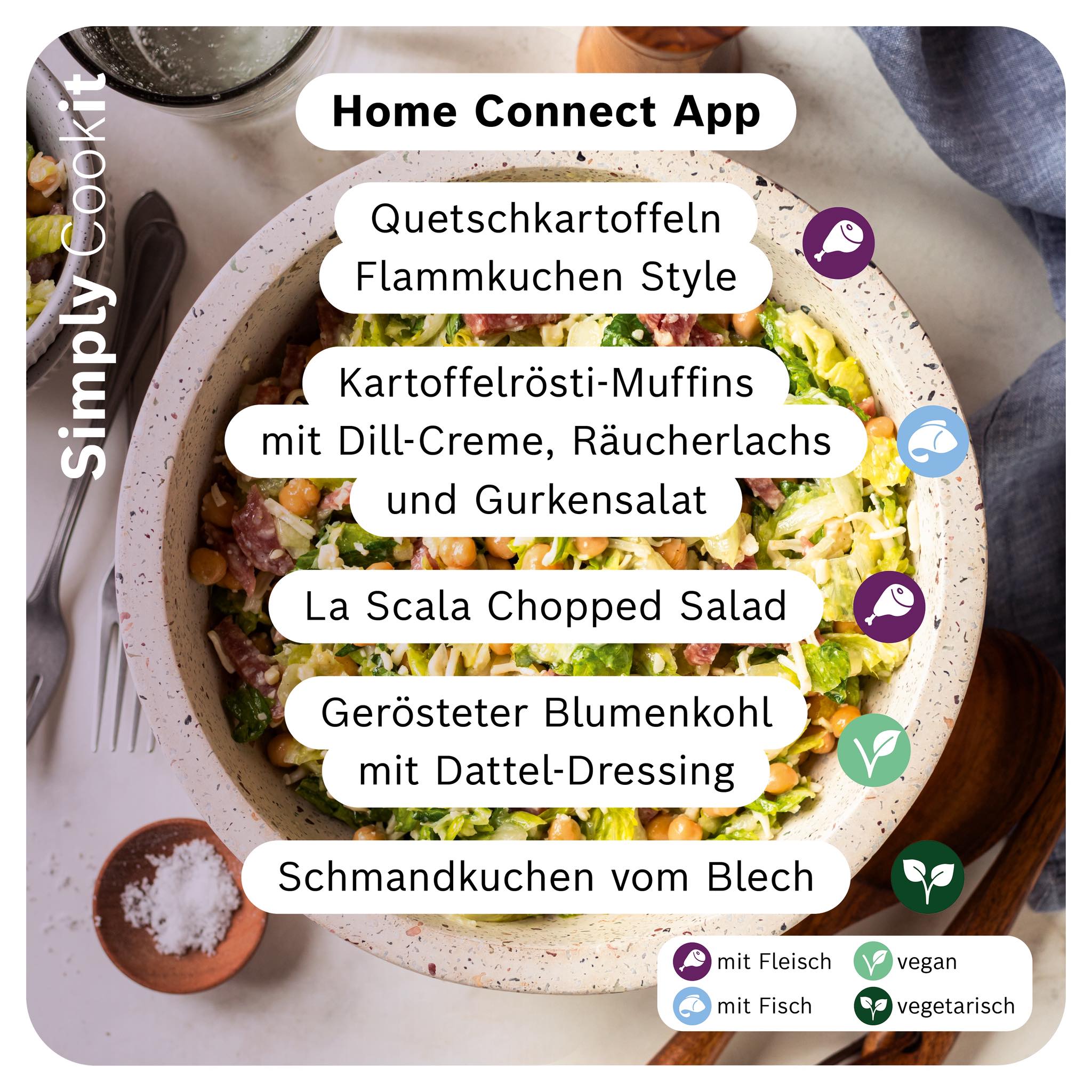 Neue Cookit Rezepte der Woche mit Rösti‑Muffins, La Scala Salad, Quetschkartoffeln, Blumenkohl und Schmandkuchen