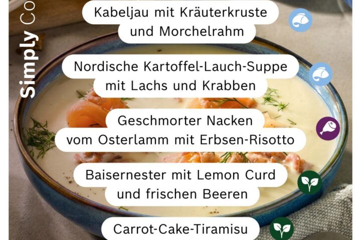 Neue Cookit Rezepte der Woche zu Ostern mit Osterlamm, Kartoffel‑Lauch‑Suppe, Kabeljau, Baisernestern und Carrot‑Cake‑Tiramisu