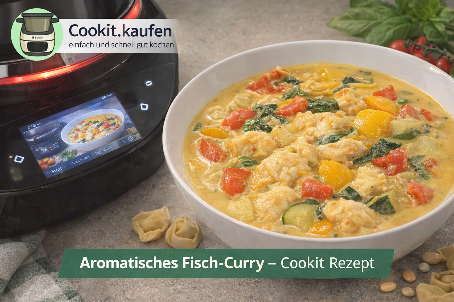 Cremiges Fisch‑Curry mit Garnelen und Kokosmilch in einer Schale serviert