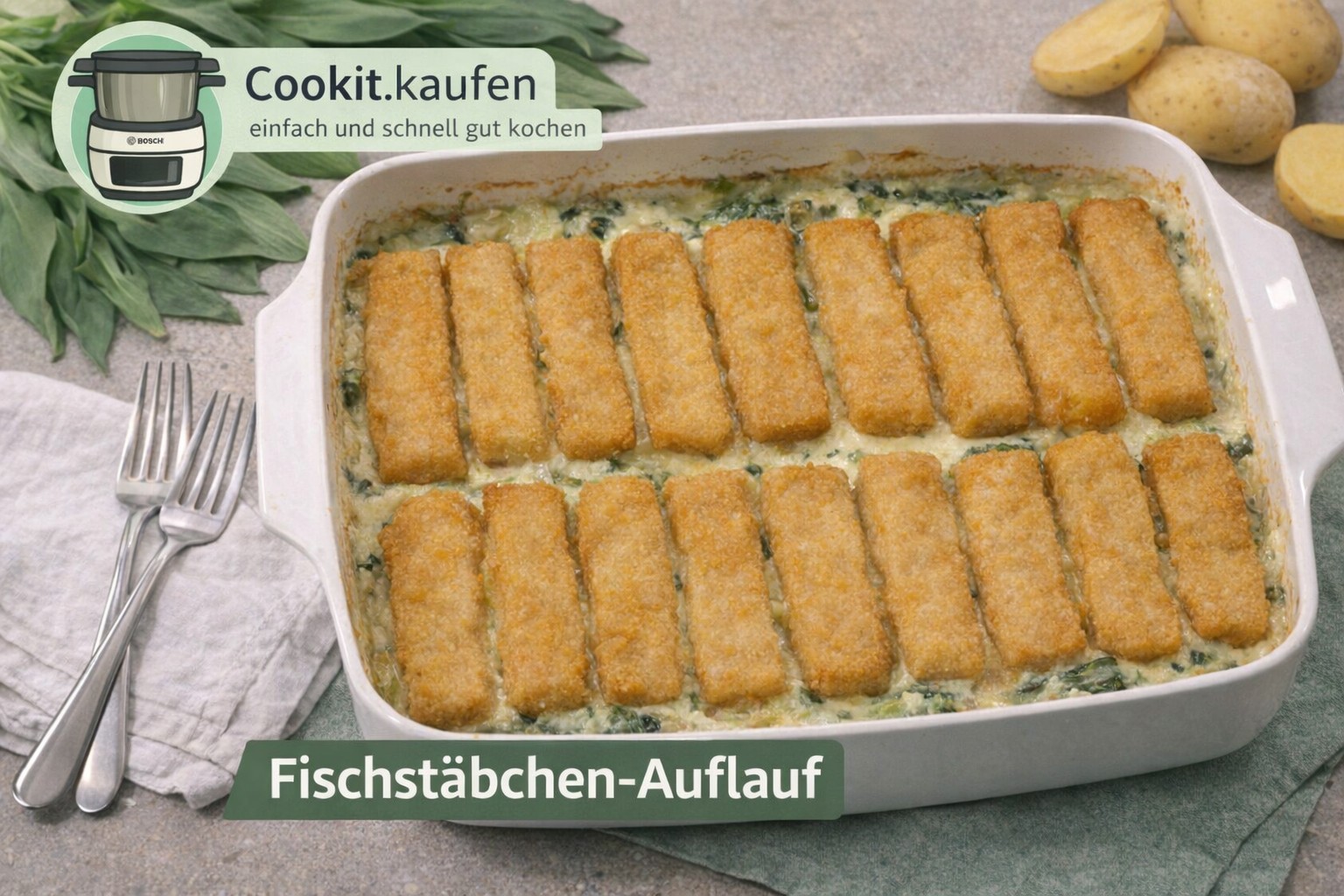 Überbackener Fischstäbchenauflauf mit Kartoffeln, Spinat und cremiger Soße in einer Auflaufform