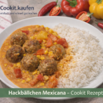 Würzige Hackbällchen in mexikanischer Tomaten-Paprika-Soße, serviert mit Reis