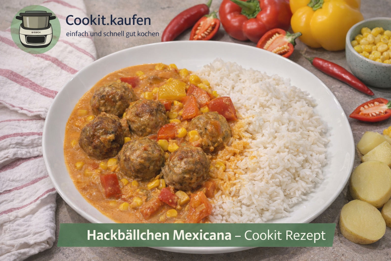 Würzige Hackbällchen in mexikanischer Tomaten-Paprika-Soße, serviert mit Reis