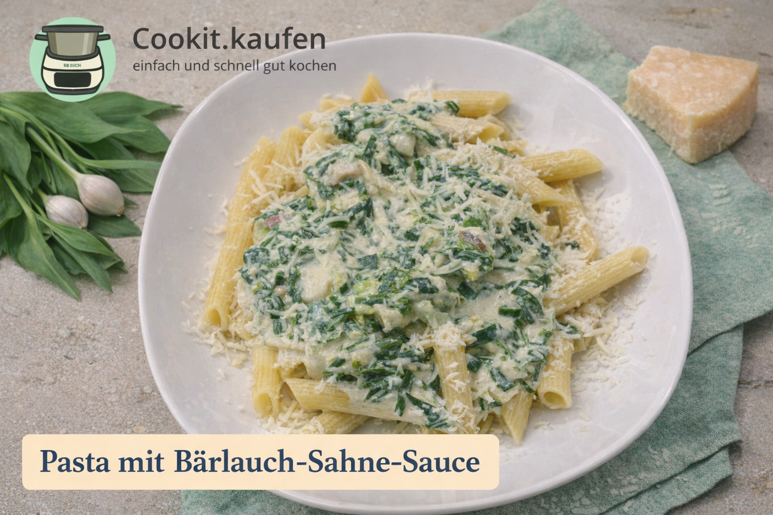 Cremige Pasta mit Bärlauch‑Käse‑Sahne‑Soße, angerichtet auf einem Teller, im Bosch Cookit zubereitet
