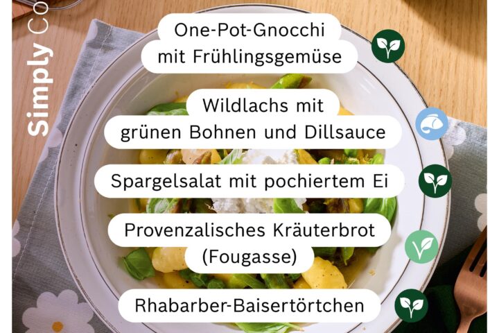Neue Cookit Rezepte der Woche mit Spargelsalat, Gnocchi, Wildlachs, Fougasse und Rhabarber‑Baisertörtchen