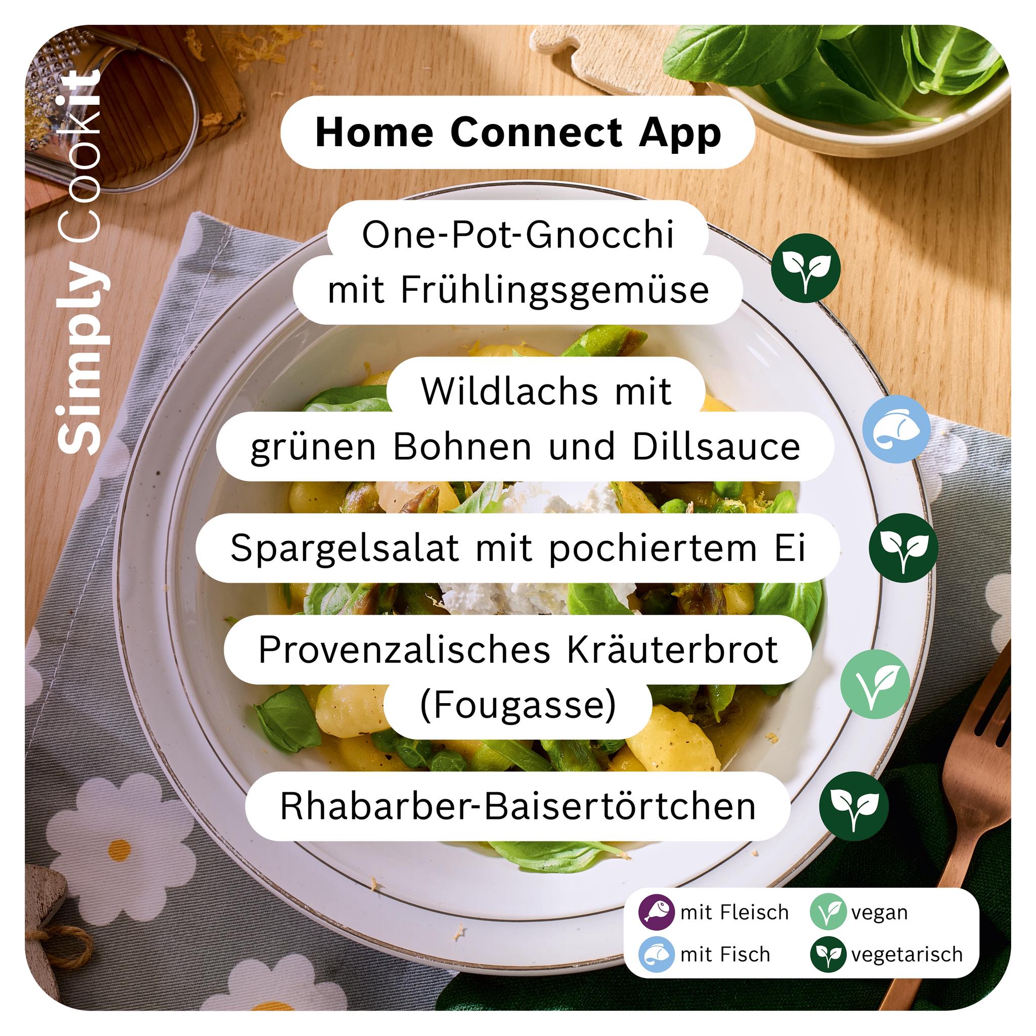 Neue Cookit Rezepte der Woche mit Spargelsalat, Gnocchi, Wildlachs, Fougasse und Rhabarber‑Baisertörtchen