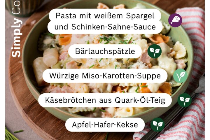 Übersicht der neuen Cookit Rezepte in der Home Connect App: Bärlauchspätzle, Spargelpasta, Miso‑Karotten‑Suppe, Käsebrötchen und Apfel‑Hafer‑Kekse