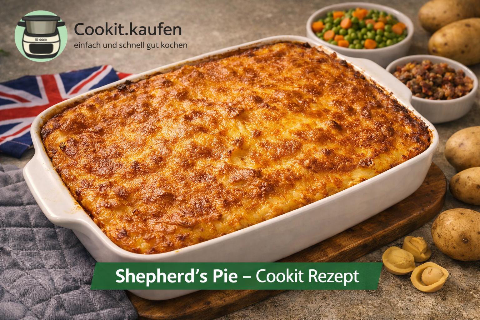 Ein Teller Shepherd’s Pie mit goldbrauner Kartoffelpüree‑Kruste und würziger Hackfleischfüllung.