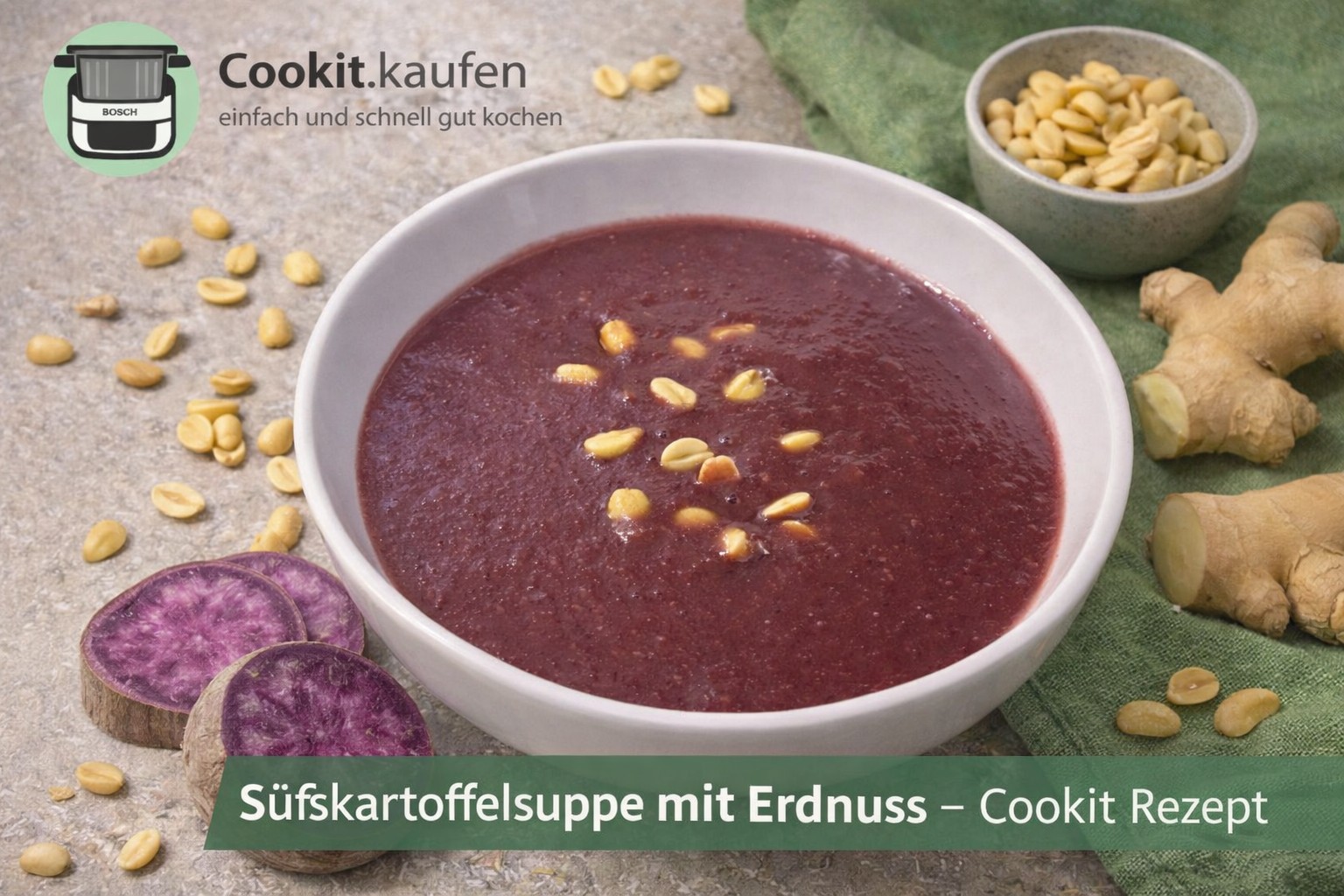 Cremige violette Süßkartoffelsuppe mit Erdnuss in einer Schale