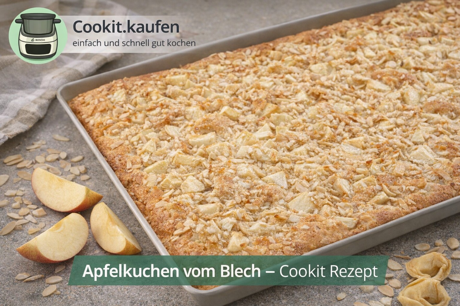 Frisch gebackener Apfelkuchen vom Blech mit goldbrauner Kruste