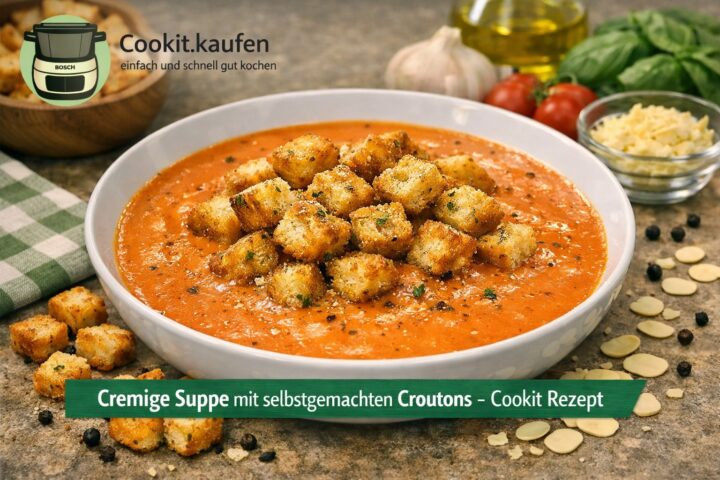 Cremige Suppe mit goldbraunen, selbstgemachten Croutons, im Bosch Cookit zubereitet
