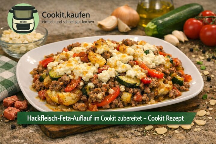 Auflaufform mit Hackfleisch-Feta-Auflauf voller Gemüse, frisch aus dem Ofen