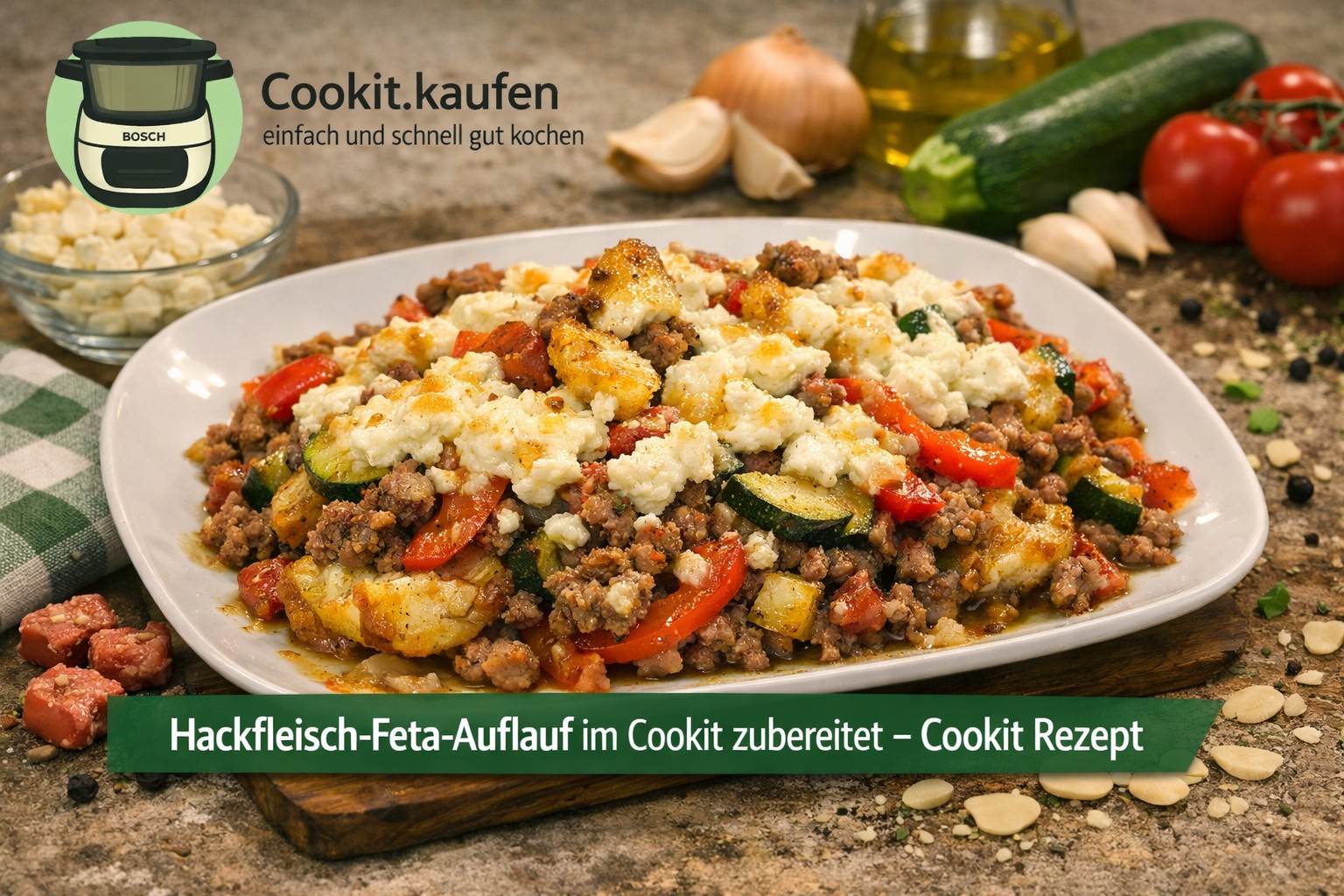 Auflaufform mit Hackfleisch-Feta-Auflauf voller Gemüse, frisch aus dem Ofen