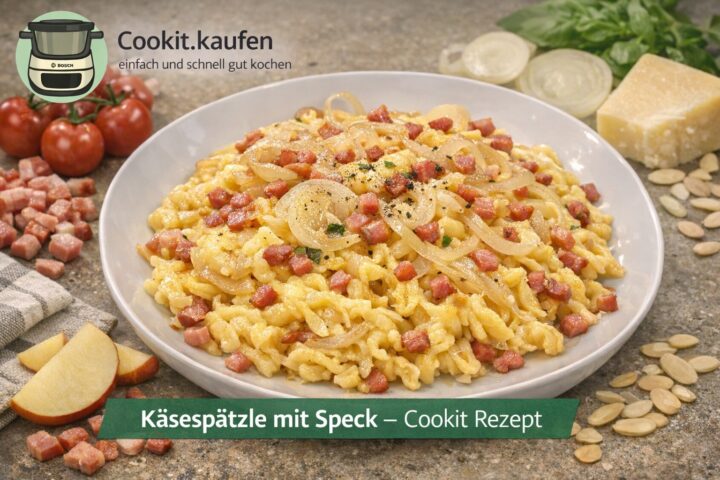 Käsespätzle mit Speck und Zwiebeln, frisch im Bosch Cookit zubereitet