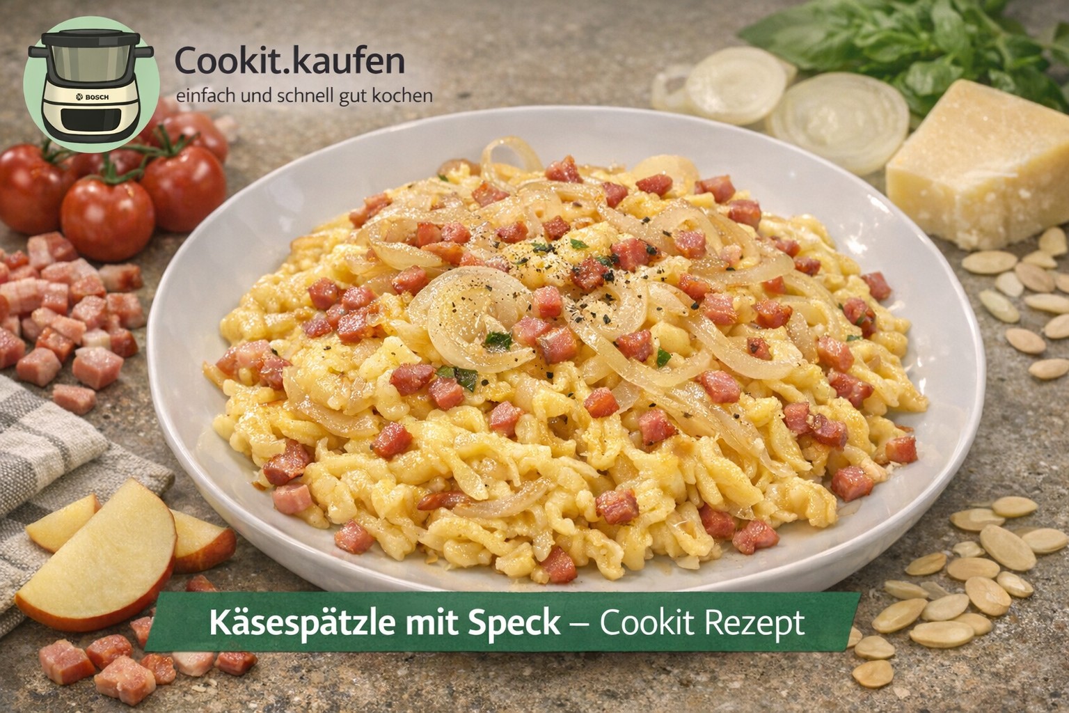 Käsespätzle mit Speck und Zwiebeln, frisch im Bosch Cookit zubereitet