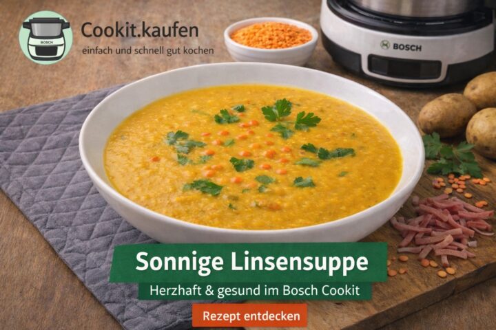 Sonnige Linsensuppe mit roten Linsen und Karotten, zubereitet im Bosch Cookit.