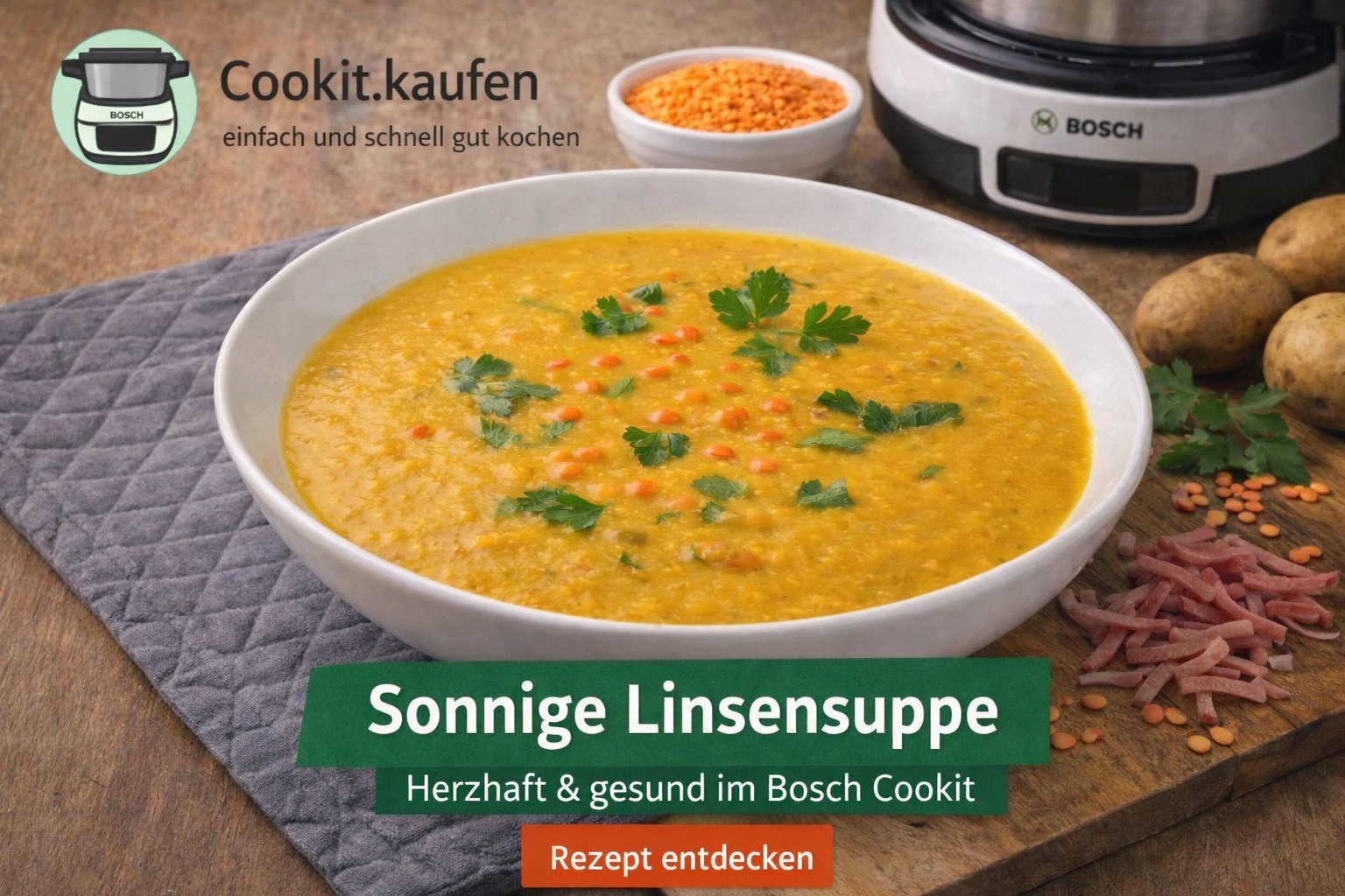 Sonnige Linsensuppe mit roten Linsen und Karotten, zubereitet im Bosch Cookit.