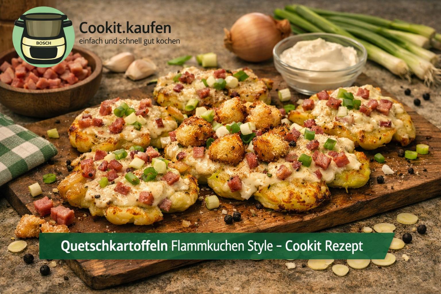 Knusprige Quetschkartoffeln Flammkuchen Style, im Bosch Cookit zubereitet