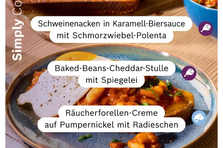 Schweinenacken in Karamell‑Biersauce, Baked‑Beans‑Cheddar‑Stulle mit Spiegelei und Räucherforellen‑Creme auf Pumpernickel