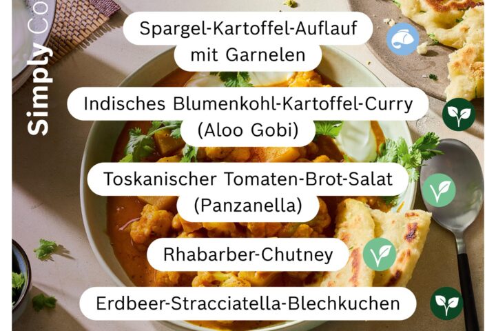 Neue saisonale Cookit Rezepte der Woche mit Spargel‑Auflauf, Aloo Gobi, Panzanella, Rhabarber‑Chutney und Erdbeer‑Stracciatella‑Kuchen