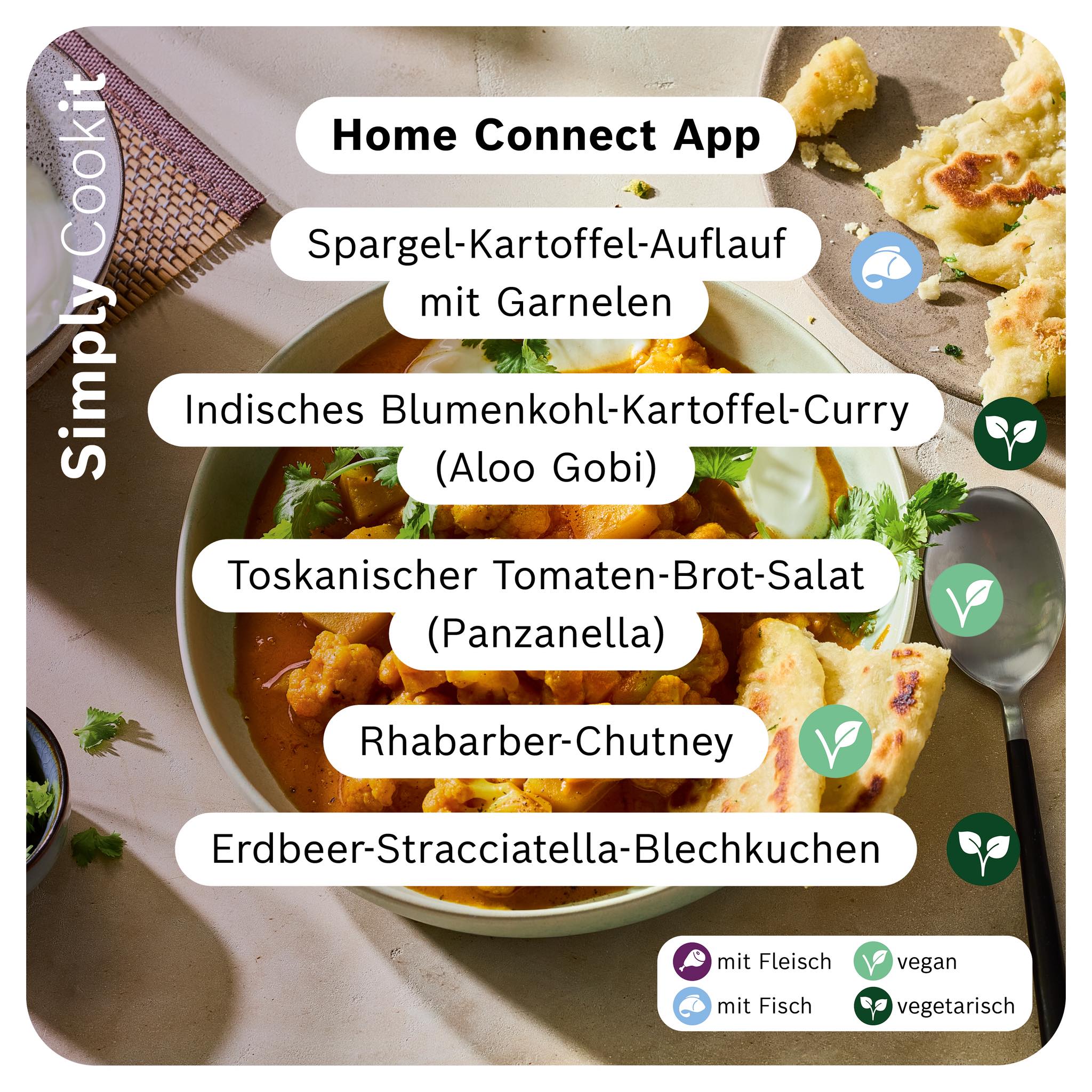 Neue saisonale Cookit Rezepte der Woche mit Spargel‑Auflauf, Aloo Gobi, Panzanella, Rhabarber‑Chutney und Erdbeer‑Stracciatella‑Kuchen