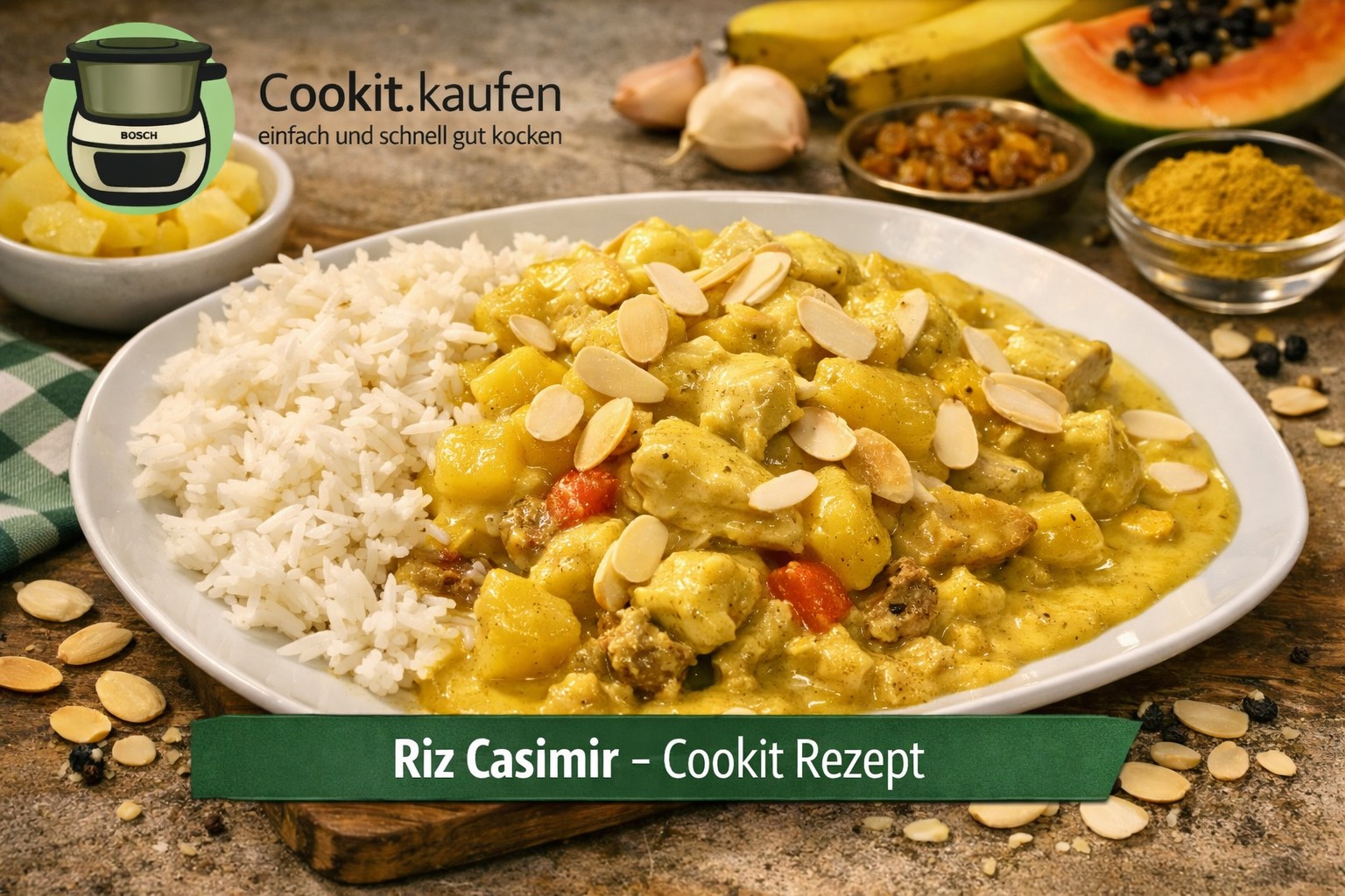 Riz Casimir mit cremiger Currysauce, Früchten und Reis, im Bosch Cookit zubereitet