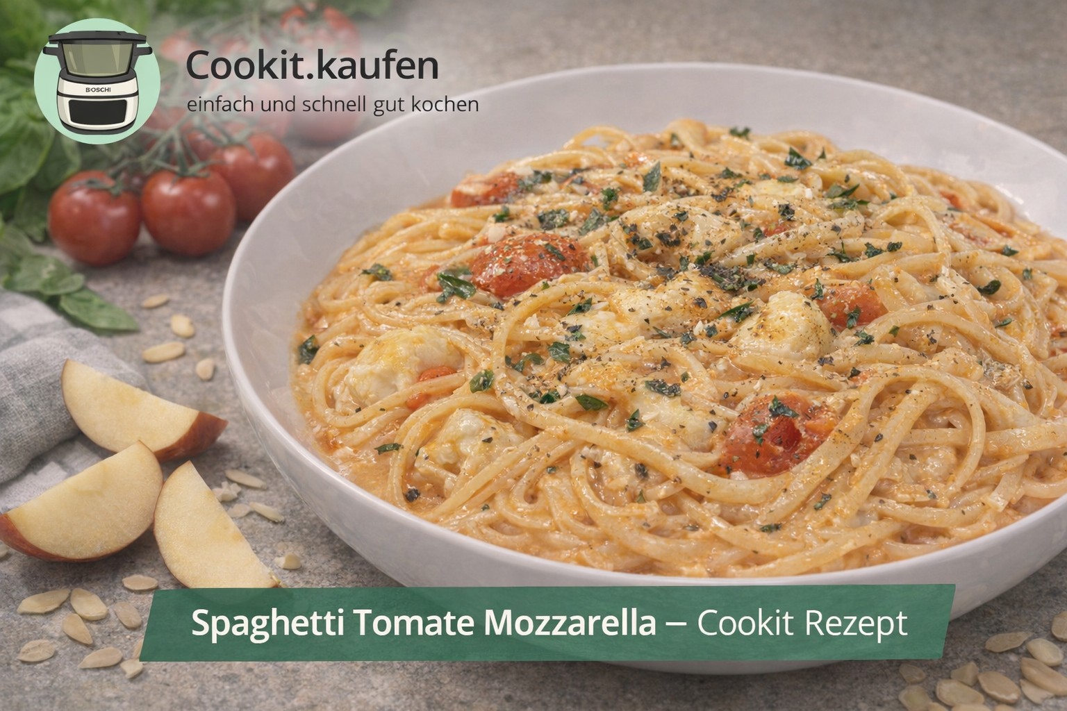 Spaghetti in milder Tomaten‑Mozzarella‑Soße auf einem Teller serviert
