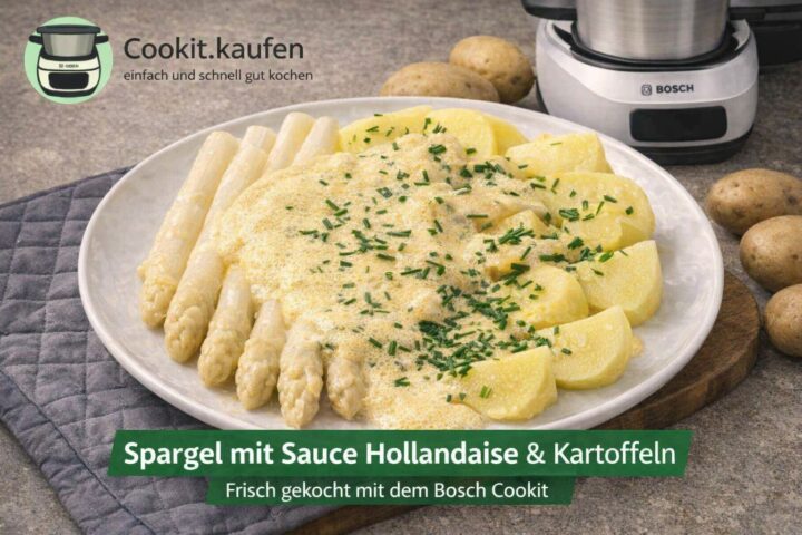 Frischer weißer Spargel mit Sauce Hollandaise und Kartoffeln, zubereitet im Bosch Cookit
