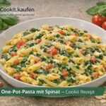 Cremige One‑Pot‑Pasta mit Spinat, angerichtet auf einem Teller, im Bosch Cookit zubereitet