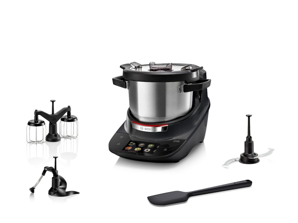 Bosch Cookit Basic in Schwarz mit Universalmesser, 3D‑Rührer, Zwillingsrührer und flexiblem Spatel – modernes Einsteigermodell für den täglichen Einsatz.