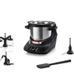 Bosch Cookit Basic in Schwarz mit Universalmesser, 3D‑Rührer, Zwillingsrührer und flexiblem Spatel – modernes Einsteigermodell für den täglichen Einsatz.