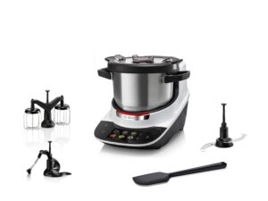 Bosch Cookit Basic in Schwarz mit Universalmesser, 3D‑Rührer, Zwillingsrührer und flexiblem Spatel – modernes Einsteigermodell für den täglichen Einsatz.