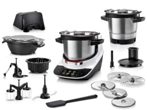 Bosch Cookit Deluxe Weiß mit vollständigem Zubehörpaket inklusive XL‑Topf, Crush‑Messer, Pommes‑Scheibe, Feinreibe und SuperCut‑Scheibe.