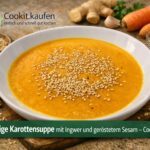 Cremige Karottensuppe mit Ingwer und geröstetem Sesam in einer Schale