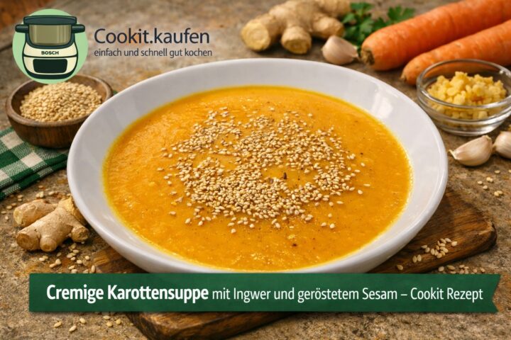Cremige Karottensuppe mit Ingwer und geröstetem Sesam in einer Schale