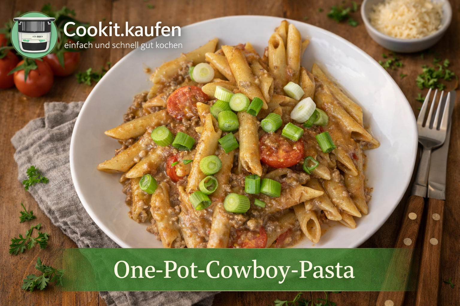 Cremige One‑Pot‑Cowboy‑Pasta mit Hackfleisch, Tomaten, Cheddar und Frühlingszwiebeln, zubereitet im Bosch Cookit