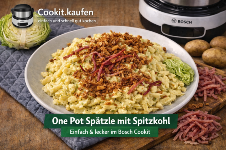 One Pot Spätzle mit Spitzkohl, Röstzwiebeln und Schinkenstreifen auf einem Teller, zubereitet im Bosch Cookit.