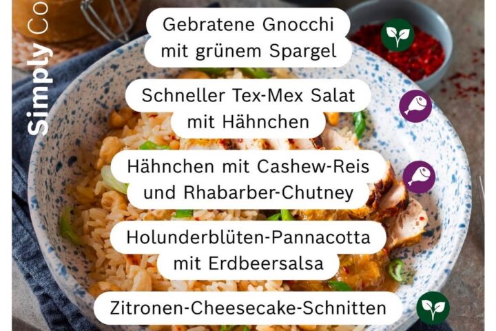Frische Cookit Rezepte der Woche mit Gnocchi und Spargel, Tex‑Mex Salat, Hähnchen mit Cashew‑Reis, Holunderblüten‑Pannacotta und Zitronen‑Cheesecake‑Schnitten